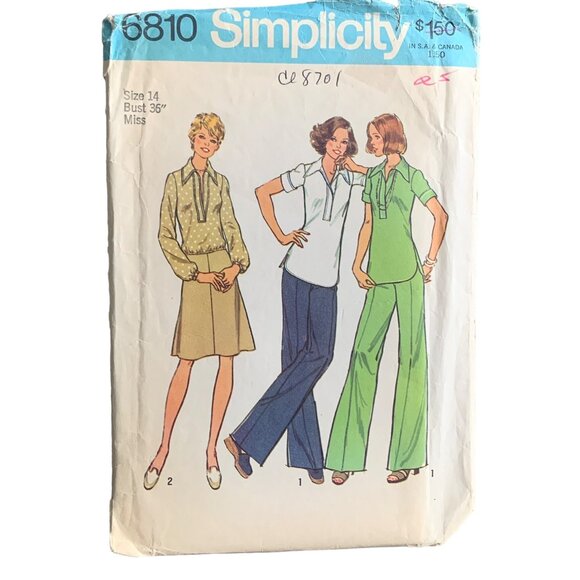 Vintage Simplicity 6810 Sewing Pattern Miss Size 14 70s Fashion Tops Pants Skirt - Picture 1 of 2